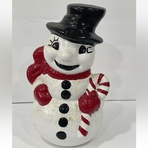 Vintage Ceramic Mold Snowman With Candy Cane And Top Hat Red Bow Christmas 10” H